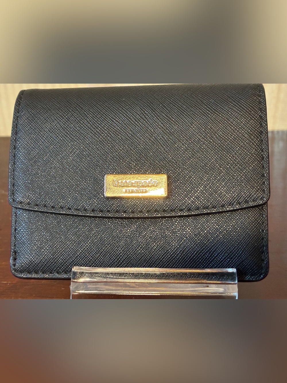 kate spade Black Saffiano Leather Wallet with Gold Plaque